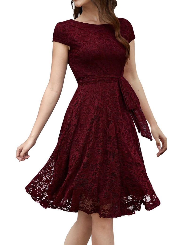 MUADRESS Women Cap-Sleeve Lace Floral Elegant Cocktail Dress Crew Neck Knee Length Bridesmaid Prom Dresses for Party Burgundy 2XL - Image 1